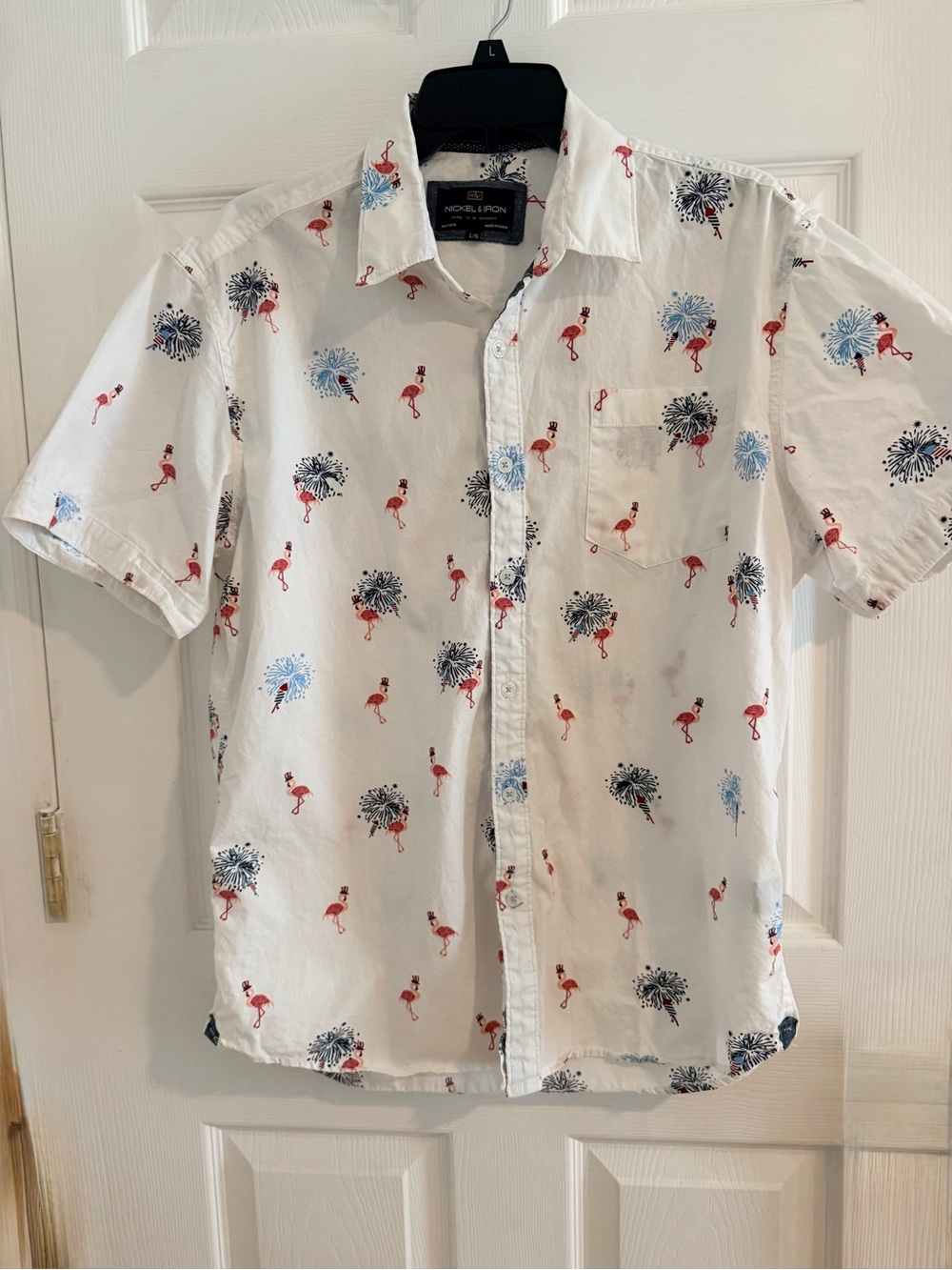 Nickel and Iron Men’s White Short-Sleeve Flamingo & Fireworks Print Shirt